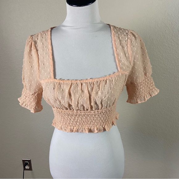 superdown Tops - superdown Peach Swiss Dot Smocked Crop Top